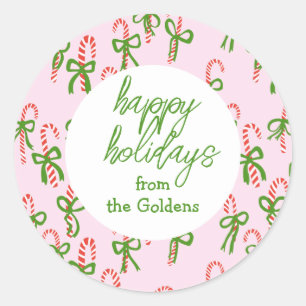 HAPPY HOLIDAYS Custom Candy Canes Xmas Pink Classic Round Sticker