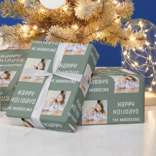 Happy Holidays Custom Photo Christmas Sage Green Wrapping Paper