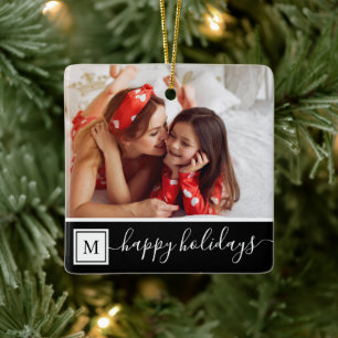 Happy Holidays Custom Photo Modern Black Monogram Ceramic Ornament