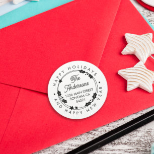 Happy Holidays  Custom Script Address Holly Wreath Classic Round Sticker