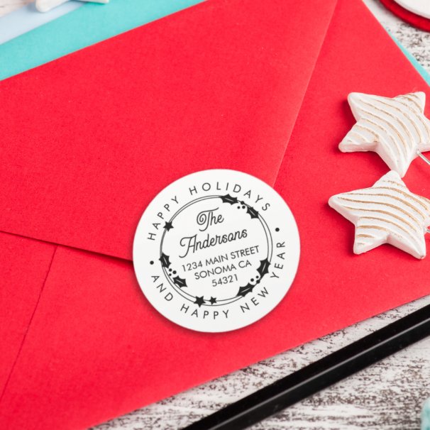 Happy Holidays  Custom Script Address Holly Wreath Classic Round Sticker (Creator Uploaded)