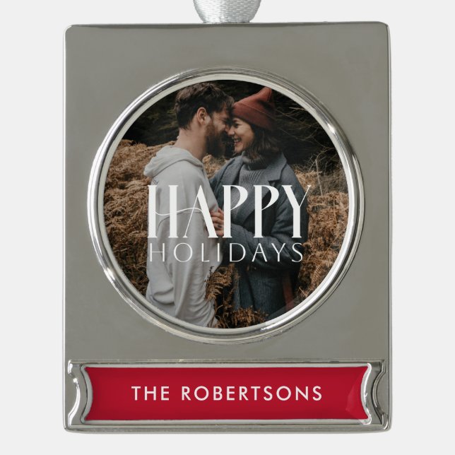 "Happy Holidays" Customisable Photo Silver Plated Banner Ornament (Front)