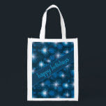 Happy Holidays Customised Blue Snowflakes Reusable Reusable Grocery Bag<br><div class="desc">Embrace eco-friendliness this holiday season with our reusable grocery bag. Ditch single-use plastic and make a positive impact on the environment while you shop. Customise the text to your own holiday message.</div>