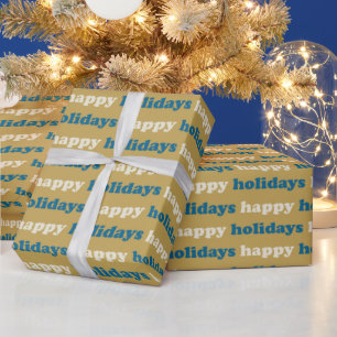 Happy Holidays   Cute Blue and Gold Text Pattern Wrapping Paper