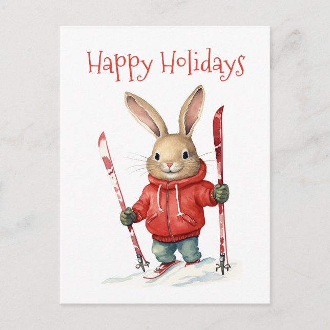 Happy Holidays - Cute Christmas Bunny with Skis Postcard (Front)
