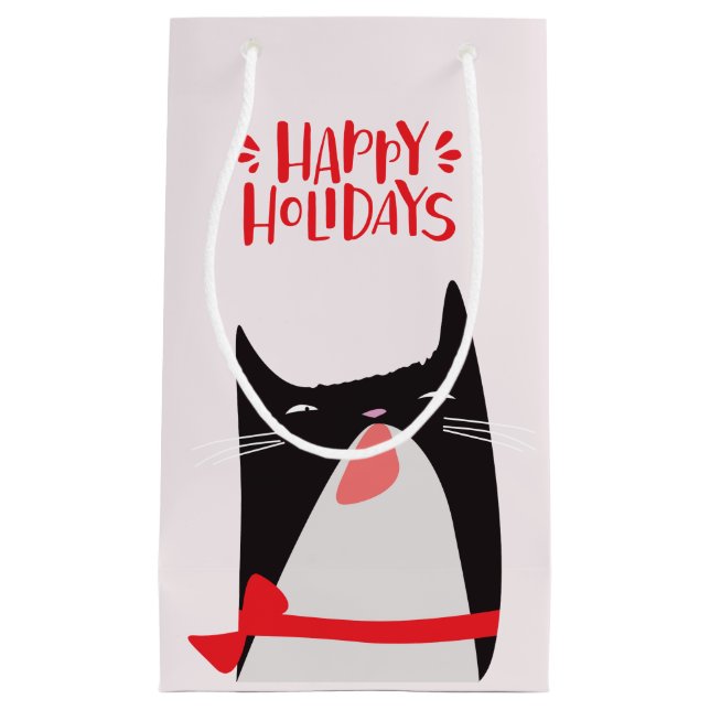 Happy Holidays - Cute Christmas Cat Cartoon Small Gift Bag (Front)