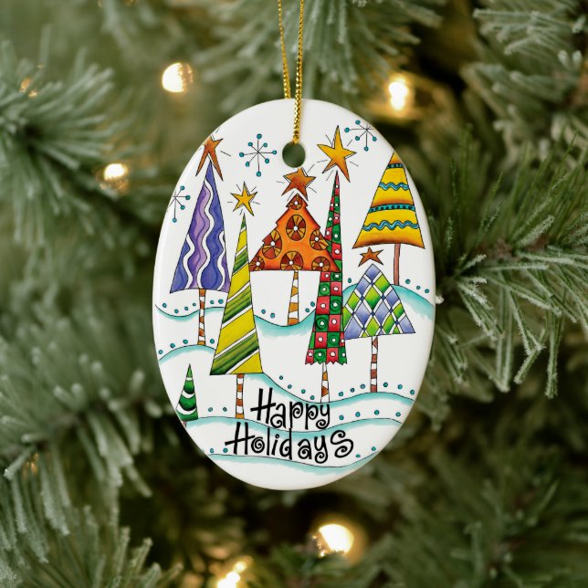 Happy Holidays! Cute Christmas Trees with Stars Ceramic Tree Decoration (Tree)
