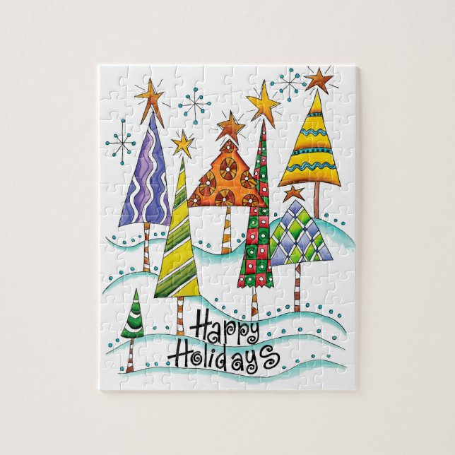 Happy Holidays! Cute Christmas Trees with Stars Jigsaw Puzzle (Vertical)
