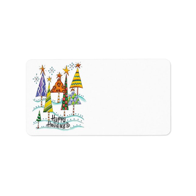 Happy Holidays! Cute Christmas Trees with Stars Label (Front)