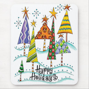Happy Holidays! Cute Christmas Trees with Stars Mouse Pad