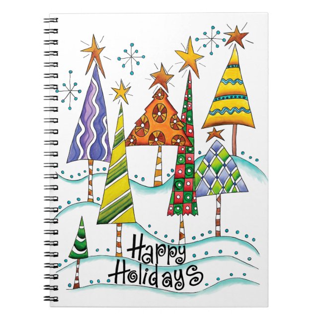 Happy Holidays! Cute Christmas Trees with Stars Notebook (Front)