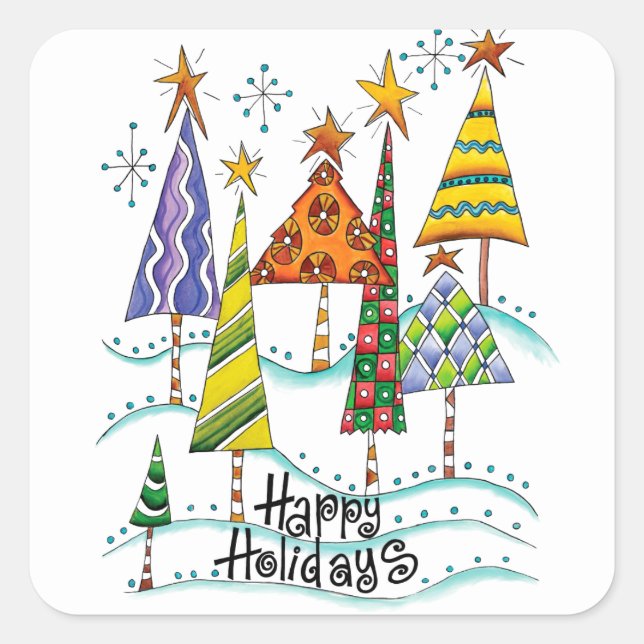 Happy Holidays! Cute Christmas Trees with Stars Square Sticker (Front)