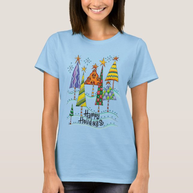 Happy Holidays! Cute Christmas Trees with Stars T-Shirt (Front)