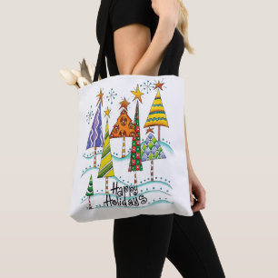 Happy Holidays! Cute Christmas Trees with Stars Tote Bag