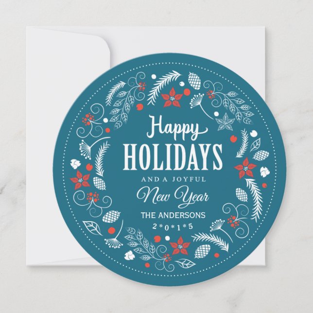 HAPPY HOLIDAYS CUTE FLORAL WREATH HOLIDAY PHOTO CARD (Front)