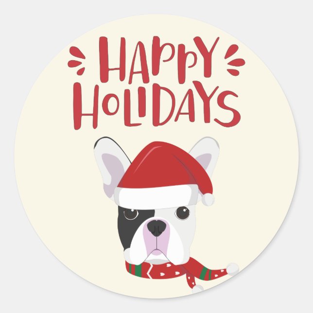 Happy Holidays - Cute French Bulldog Christmas Classic Round Sticker (Front)