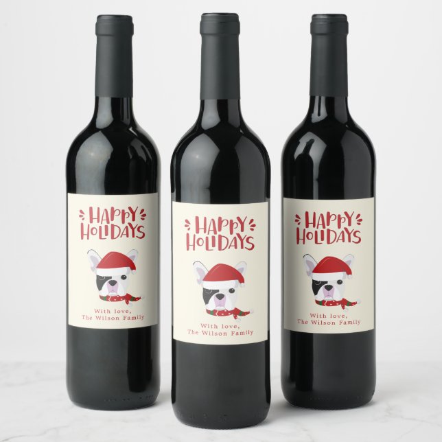Happy Holidays - Cute French Bulldog Christmas Wine Label (Bottles)