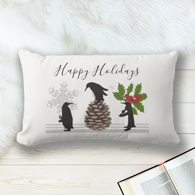 Happy Holidays Cute Funny Christmas Penguin Lumbar Cushion (Creator Uploaded)