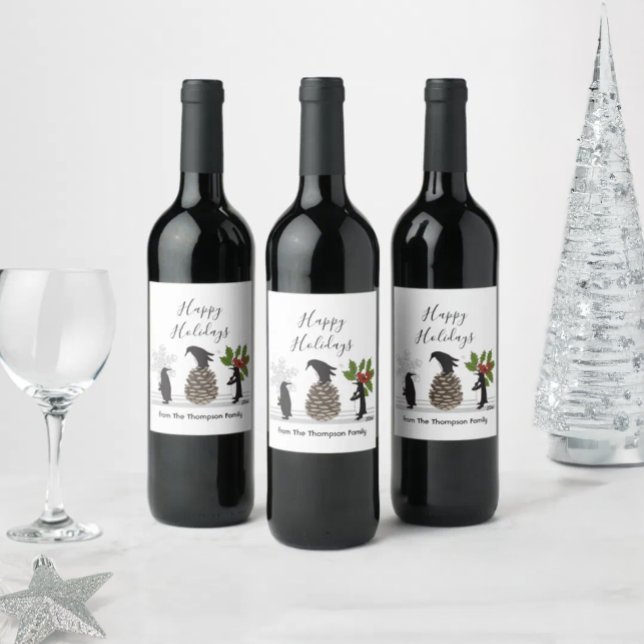 Happy Holidays Cute Funny Penguin Christmas Wine Label (Creator Uploaded)