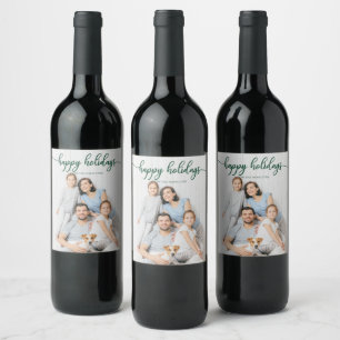 Happy Holidays Cute Green Script Christmas Wine Label