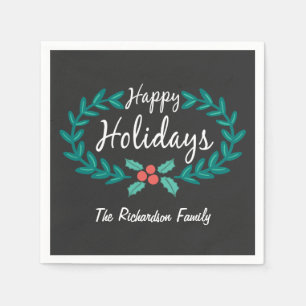 HAPPY HOLIDAYS CUTE HAND-DRAWN CHALKBOARD WREATH NAPKIN