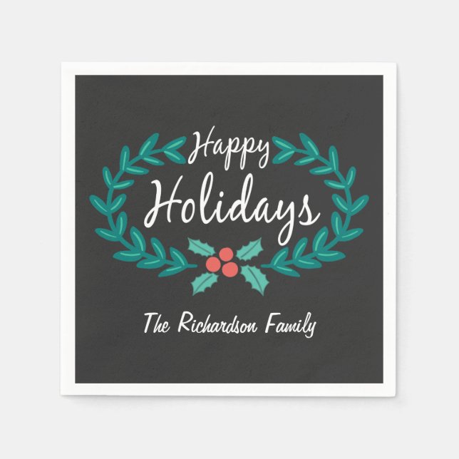 HAPPY HOLIDAYS CUTE HAND-DRAWN CHALKBOARD WREATH NAPKIN (Front)