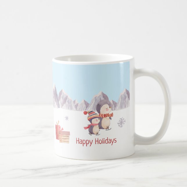 Happy Holidays Cute Penguins Playing in the Snow Coffee Mug (Right)