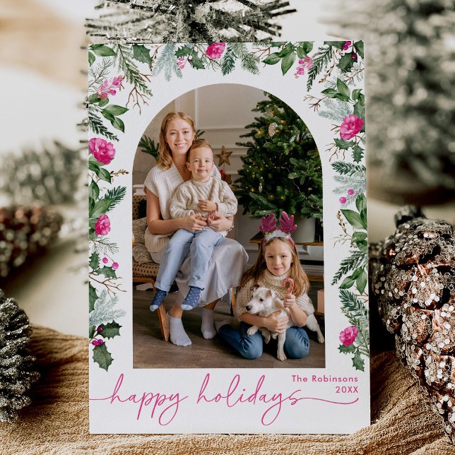Happy Holidays Cute Pink and Green Botanical Arch Holiday Card (Creator Uploaded)