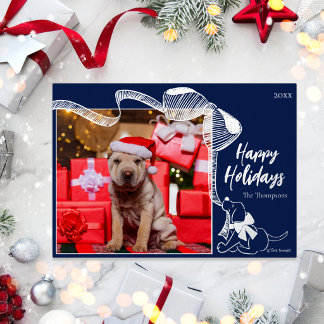 Happy Holidays Cute Puppy Bow Navy Modern Simple