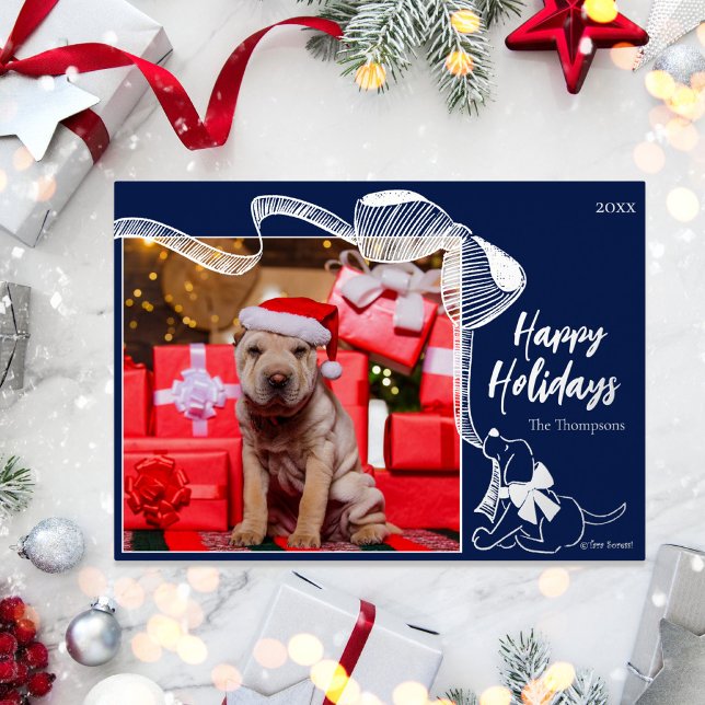 Happy Holidays Cute Puppy Bow Navy Modern Simple  (Creator Uploaded)