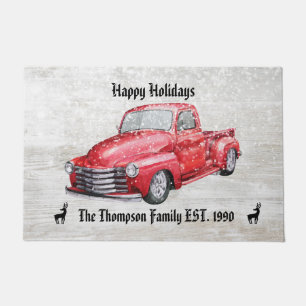 Happy Holidays cute red truck snowfall family name Doormat