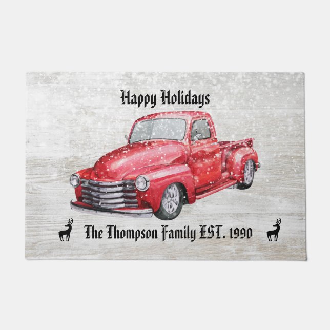 Happy Holidays cute red truck snowfall family name Doormat (Front)