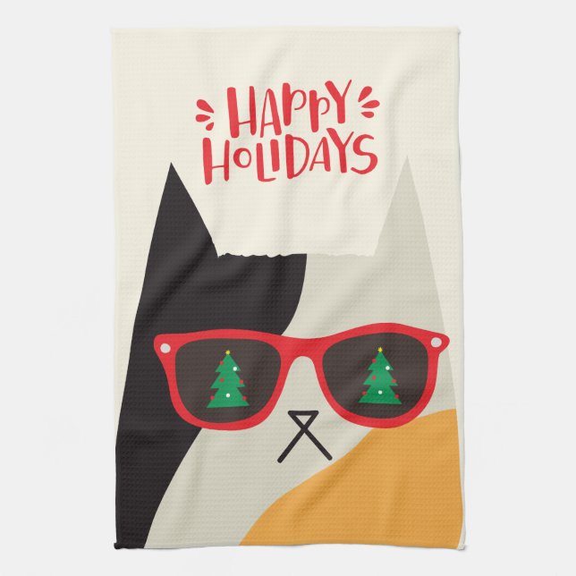 Happy Holidays! Cute Santa Cat Cartoon - Christmas Tea Towel (Vertical)