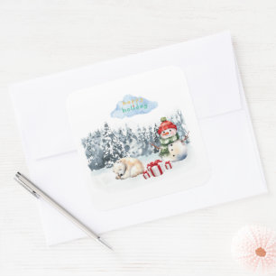 HAPPY HOLIDAYS CUTE SNOWMAN FOR KIDS SQUARE STICKER