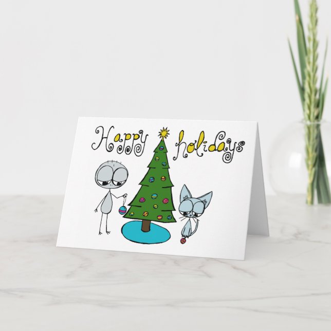 happy holidays cute stick figure and cat card (Front)