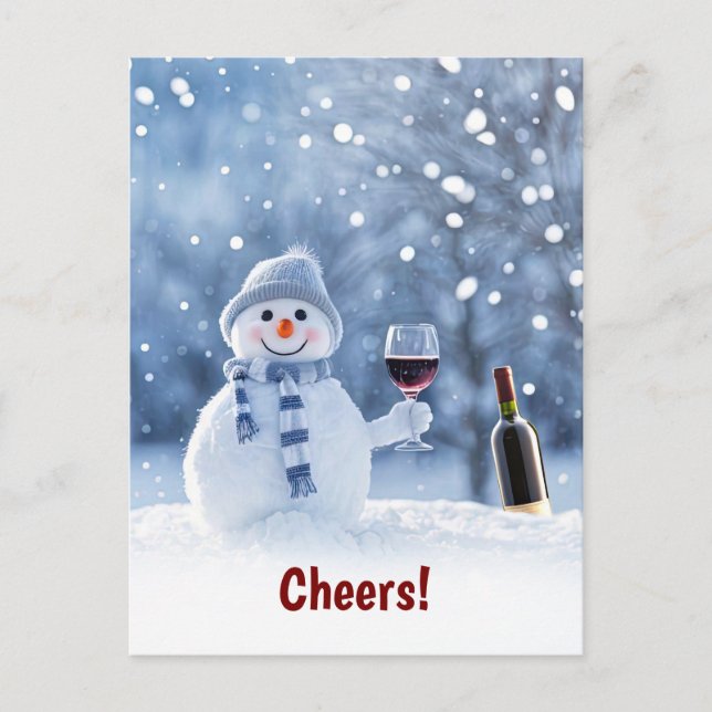 Happy Holidays Cute Wine and Snowman Cheers Holiday Postcard (Front)