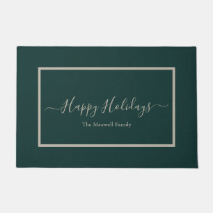 Happy Holidays dark green family name Doormat