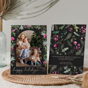 Happy Holidays Dark Grey Pink Greenery Arch Photo Holiday Card