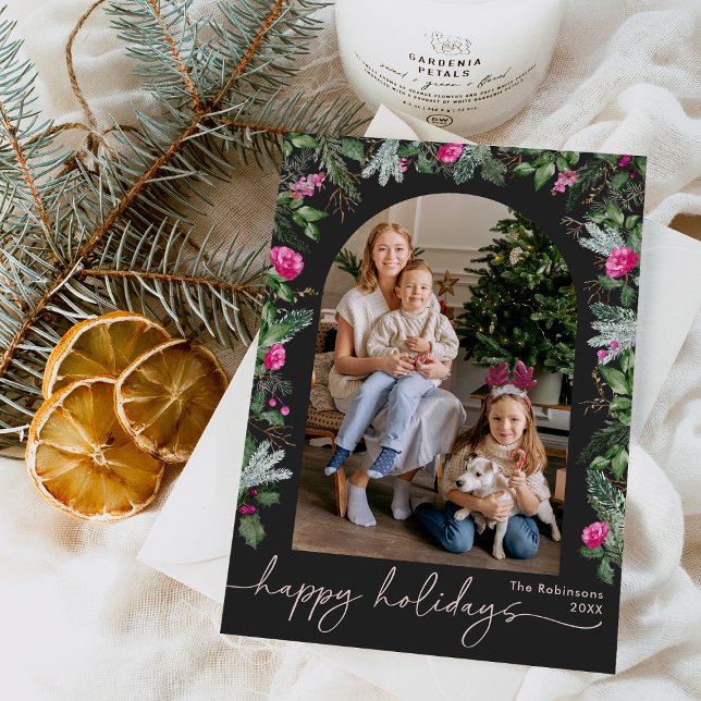 Happy Holidays Dark Grey Pink Greenery Arch Photo Holiday Card (Creator Uploaded)
