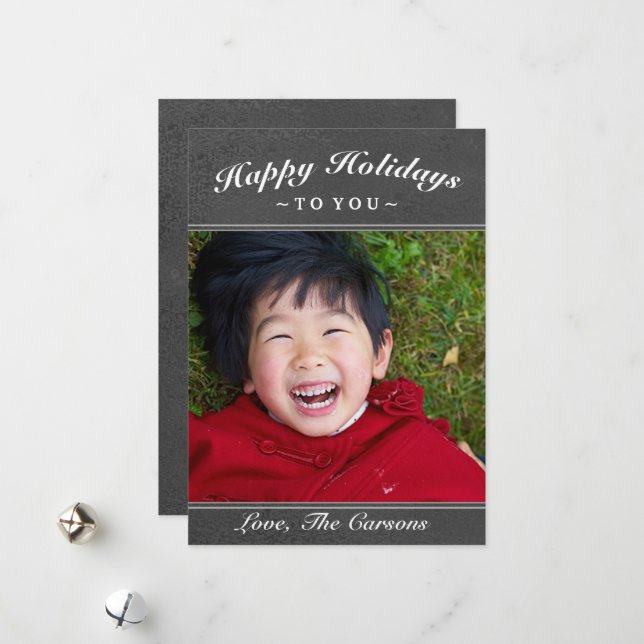 Happy Holidays Dark Grey Texture Photo Card (Front/Back In Situ)