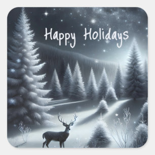 Happy Holidays Deer In Winter Forest Square Sticker