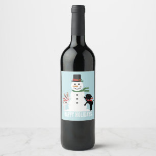 Happy Holidays Dogs Building A Snowman Wine Label