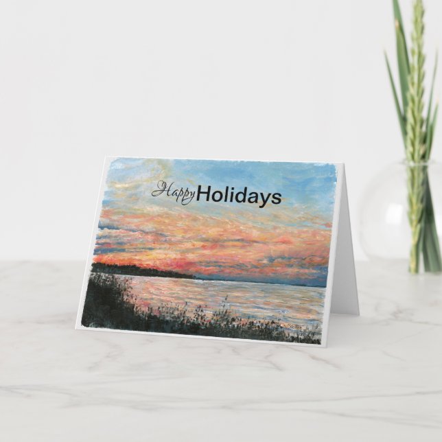 Happy Holidays Dramatic Sunset Beach Shore Holiday Card (Front)