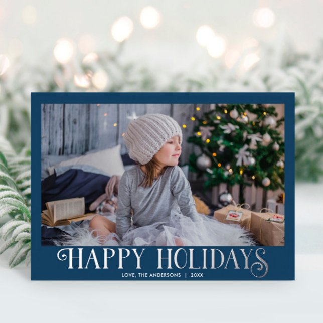 Happy Holidays dusty blue silver Modern one photo (Creator Uploaded)
