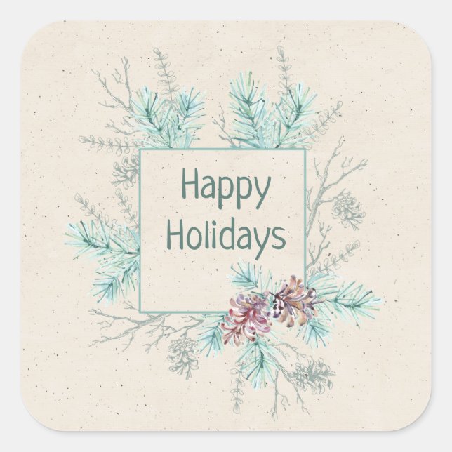Happy Holidays Editable Text Winter Foliage Square Sticker (Front)