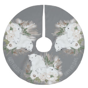 Happy Holidays Elegant Grey and White Polar Bear Brushed Polyester Tree Skirt
