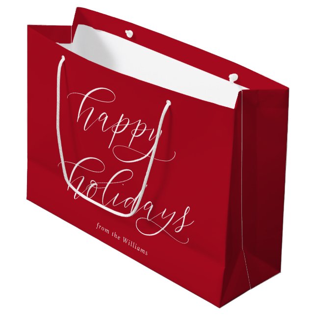 Happy Holidays Elegant Minimalist Script Christmas Large Gift Bag (Front Angled)