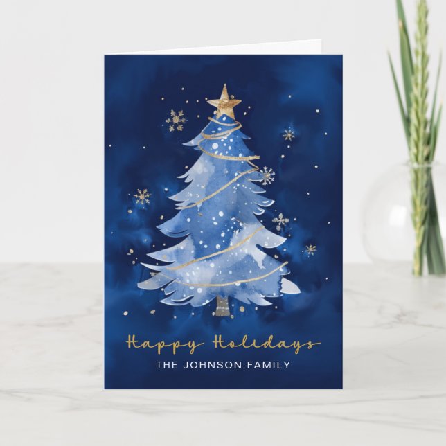 Happy Holidays Elegant Navy Gold Christmas  Card (Front)