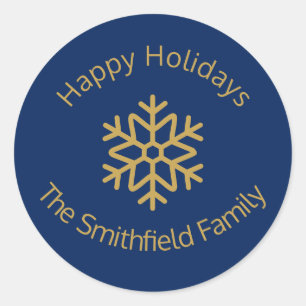 Happy Holidays Elegant Navy Gold Snowflake Custom Classic Round Sticker
