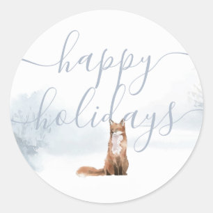 Happy Holidays Elegant Script Winter Fox Classic Round Sticker